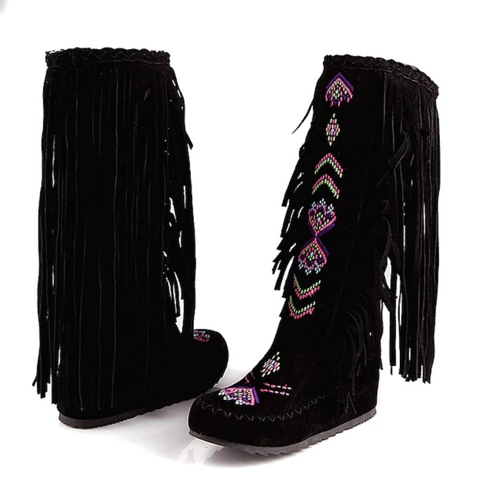 Black Moccasins with Fringe and Colorful Details